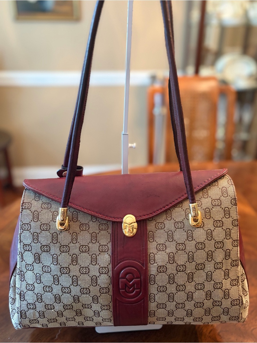 Marino Orlandi Burgundy & Beige Monogram Logo Shoulder Bag - Excellent Condition